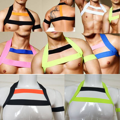 Daxian Muscle Fitness Clothes Nightclub Stage outfits for men showcasing various colors and styles on muscular models.